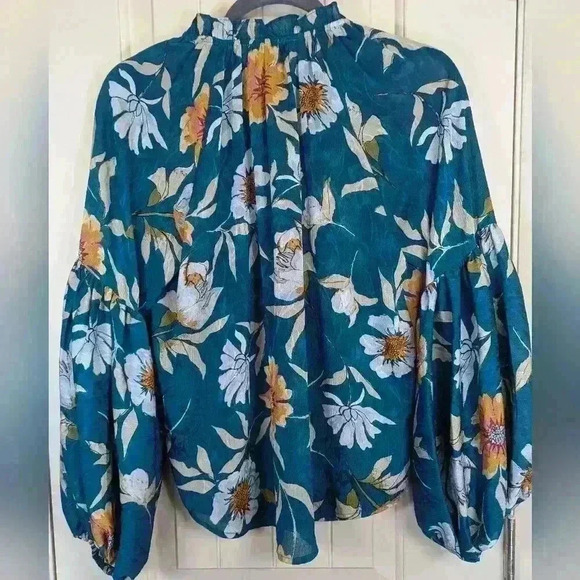 LOVESTICH Love Stitch Women's Med Boho Long Sleeve Blue Green Floral Blouse - Picture 4 of 11